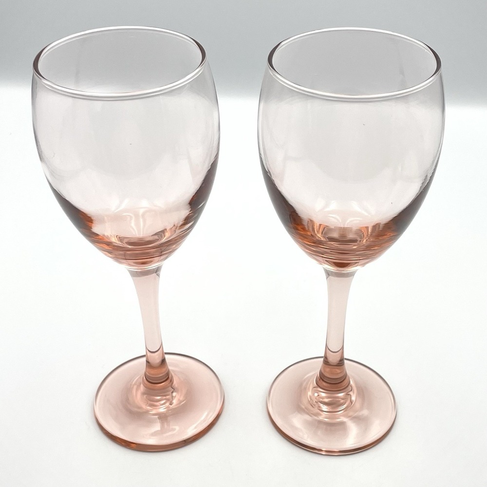 Hand Blown Rose Pink Stem Wine Glasses Set‎ of 2 Glass 8" Tall